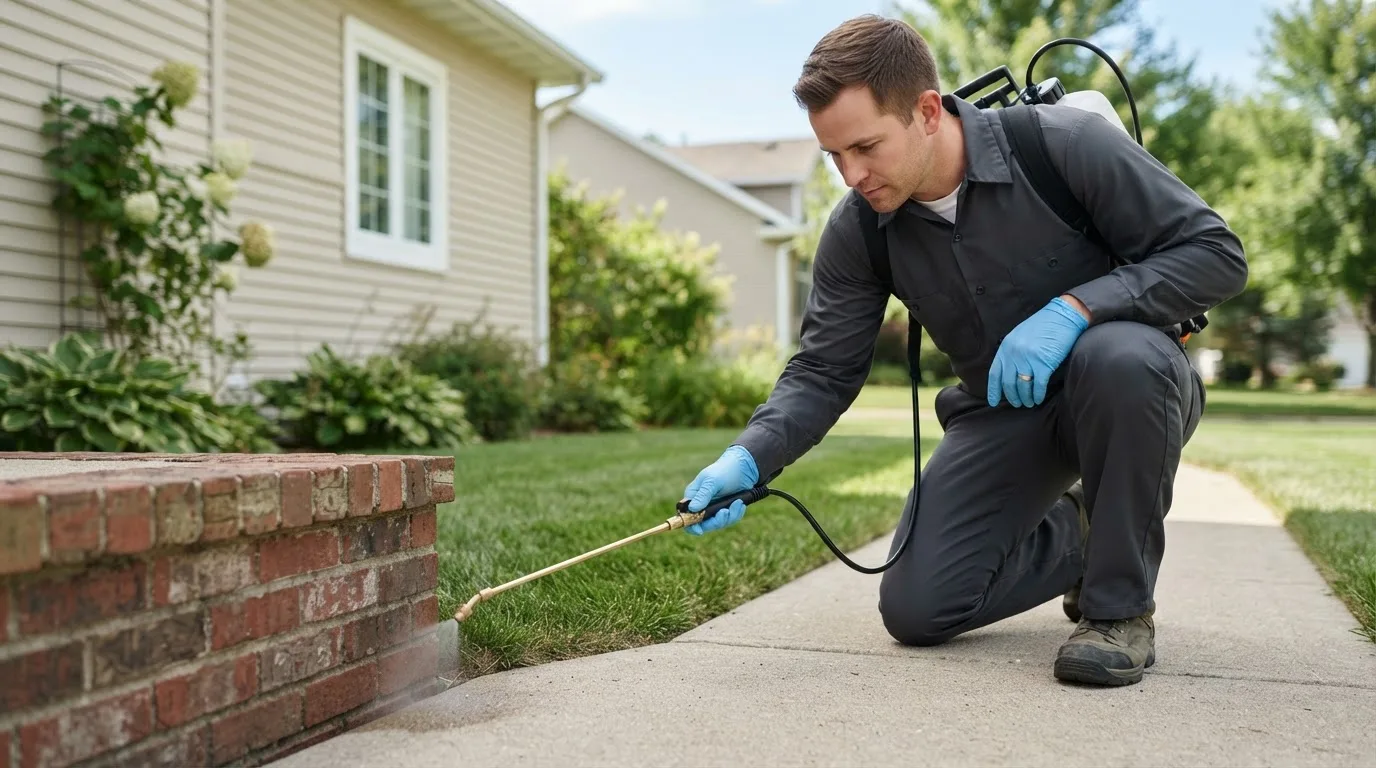 Pest control technician treating a home near Havana, ND